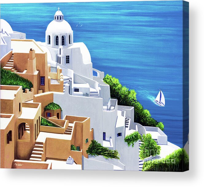 Santorini Acrylic Print featuring the painting SEA SERENE- prints of oil painting by Mary Grden