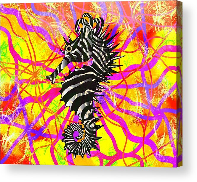 Portrait Acrylic Print featuring the drawing Seahorse Zebra Stripes Bold And Bright by Joan Stratton