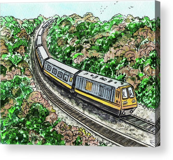 Train Acrylic Print featuring the painting Silver Yellow Train Railway Through The Trees Watercolor by Irina Sztukowski