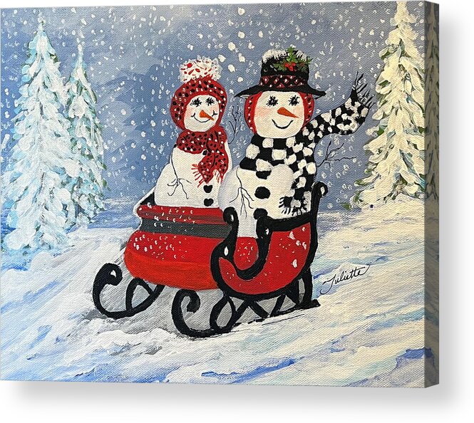 Snowman Acrylic Print featuring the painting Sleighride in the Snow by Juliette Becker