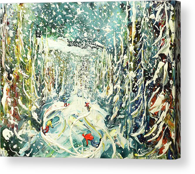 Snow Acrylic Print featuring the painting Snowboards Snowing in the Woods Print and Poster by Pete Caswell