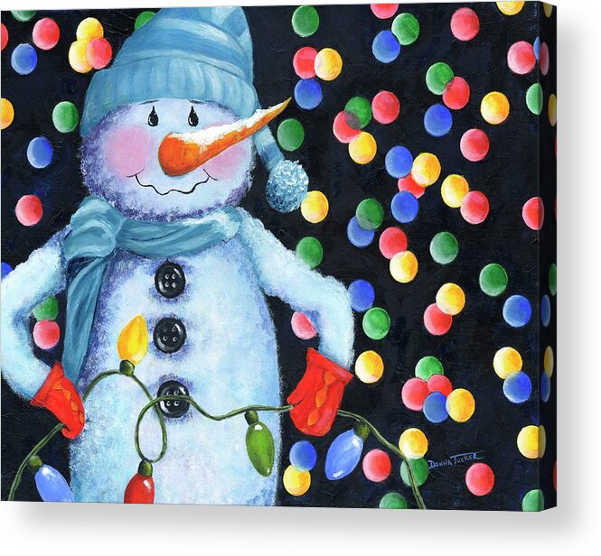 Snowman Acrylic Print featuring the painting Snowie with Twinkling Lights by Donna Tucker