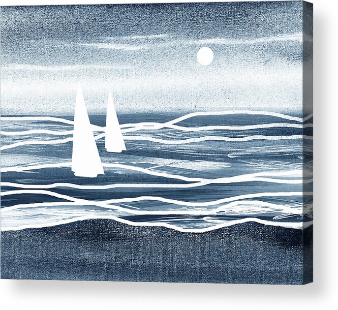 Beach Art Acrylic Print featuring the painting Soft Blue Sunset Sailboat At The Ocean Shore Seascape Painting Beach House Watercolor V by Irina Sztukowski