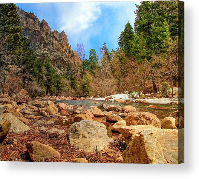 Beautiful Acrylic Print featuring the photograph Rocky Riverbank With Pine Trees,South Boulder Creek by Tom Potter
