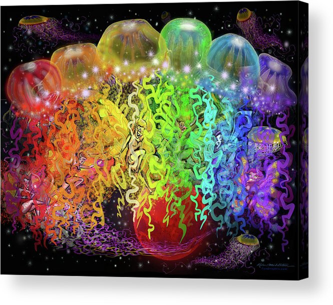 Space Acrylic Print featuring the digital art Space Pixies n Jellyfish by Kevin Middleton