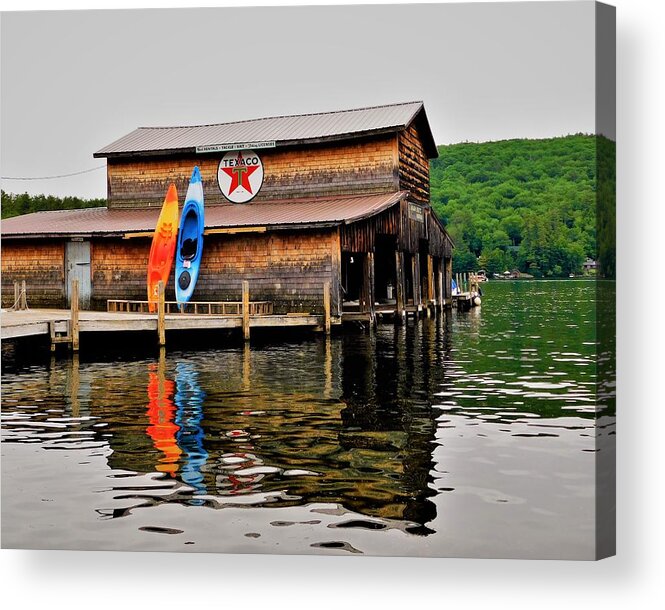 - Squam Lake Boat House - Holderness Nh Acrylic Print featuring the photograph -On Golden Pond - Squam Lake Boat House - Holderness NH by THERESA Nye