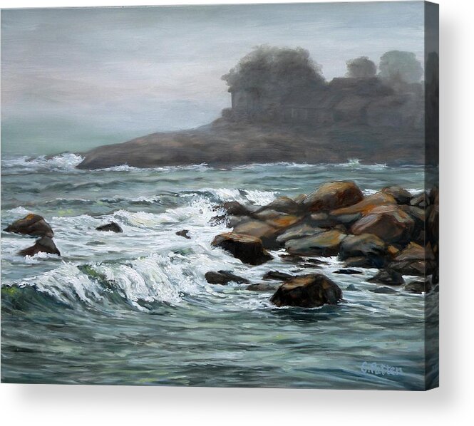 Ocean Acrylic Print featuring the painting Foggy Day At Old Garden Beach by Eileen Patten Oliver