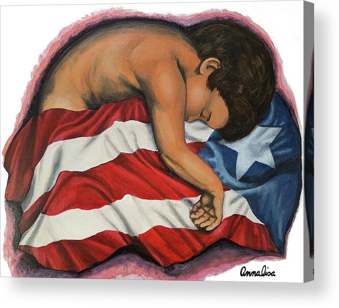 Puerto Rican Art Acrylic Print featuring the painting Study Nino Con La Bandera de Puerto Rico by Annalisa Rivera-Franz