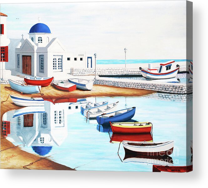 Mykonos Acrylic Print featuring the painting SUNDAY, MORNING, MYKONOS BAY - Prints of Oil Painting by Mary Grden