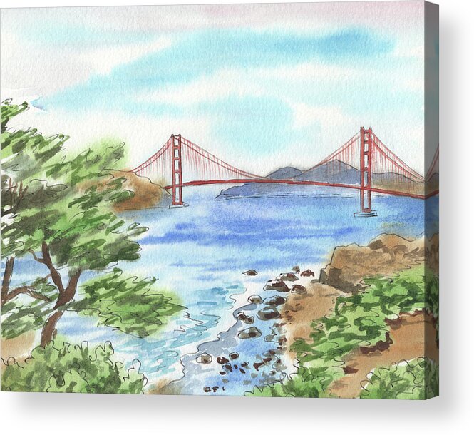 Golden Gate Acrylic Print featuring the painting Sunny Day In San Francisco Bay Golden Gate Bridge Watercolor by Irina Sztukowski