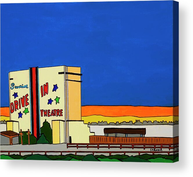 Sunrise Drive-in Valley Stream Movies Acrylic Print featuring the painting Sunrise Drive In by Mike Stanko