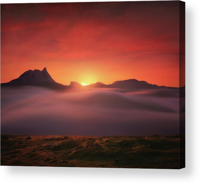 Fog Acrylic Print featuring the photograph Sunrise from Saibi mountain with sea of clouds by Mikel Martinez de Osaba