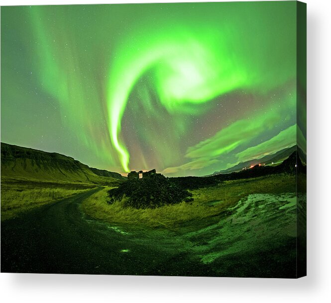 Swirling Acrylic Print featuring the photograph Swirling Aurora Hvalfjordur Ruins Hvitanes Iceland by Toby McGuire