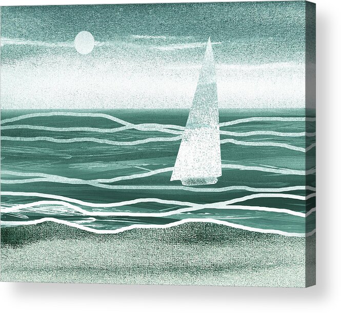 Sailboat Sea Acrylic Print featuring the painting Teal Blue Gray Sailboat At The Ocean Shore Seascape Painting Beach House Art IV by Irina Sztukowski