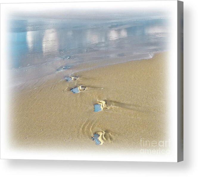 Footprints Yellow Sand Sea Beach Shore Clouds Reflections Tide Blue Sky Serenity Dainty Gentle Tender Dream Fairy Loneliness Calm Impressions Impressionistic Delicate Imaginations Attractive Pretty Beautiful Delighted Conceptual Thoughtful Soft Shades Pastel Watercolor Color Relaxation Restful Seascape Landscape Wonderland Peaceful Nature Abstract Solitude Contemporary Charming Painterly Artistic Magical Trails Steps Atmospheric Solitary Alone Lonely Sole Single Solo Airy Stylish Spacious Nice Acrylic Print featuring the photograph Tenderness - At Sea Shore,blue Footprints On Sand by Tatiana Bogracheva