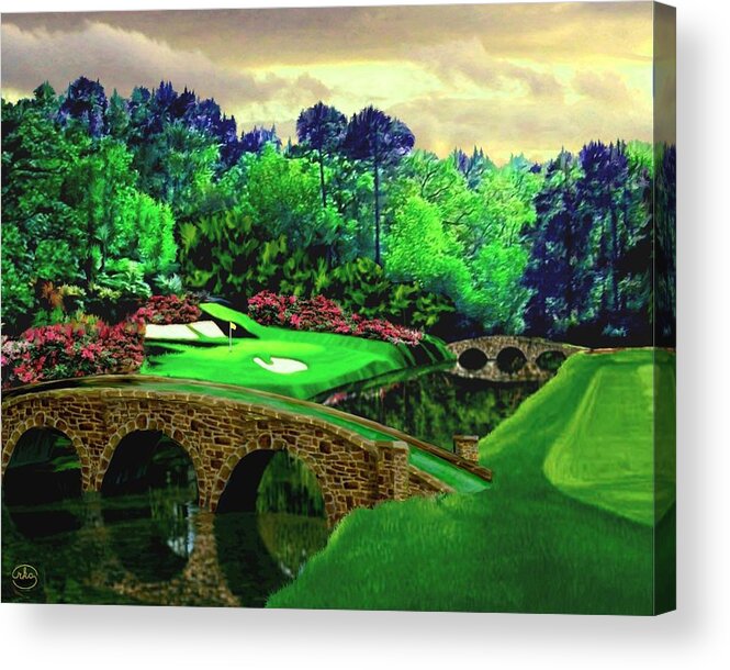 Beauty Masters National Golf Club Tournament Augusta Forest 12th Hole Golf Course Rkc Ron Ronald K Chambers Spieth Watson Mickelson Woods Singh Faldo Crenshaw Langer Couples Nicklaus T. Watson Player Palmer Of Open Pga Championship British Famous Course Pebble Beach Pinehurst Staint Andrews Muirfield Village Tours Mcilroy Fowler Rose Thomas Furyk Tiger Landscapes Country Western Bridges Forest Rivers Lakes Ponds Sunset Twilight Acrylic Print featuring the painting The Beauty of the Masters by Ron Chambers