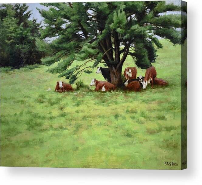 Cows Acrylic Print featuring the painting The Cattle and the Pine by Bibi Snelderwaard Brion