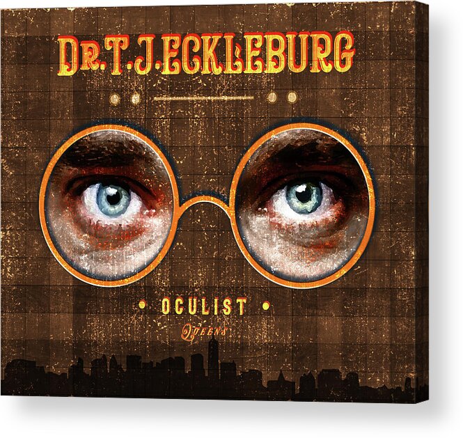 Dr Tj Eckleburg Acrylic Print featuring the mixed media The Eyes of Dr. TJ Eckleburg, Oculist - Brown - 02 - The Great Gatsby - F.Scott Fitzgerald by Studio Grafiikka