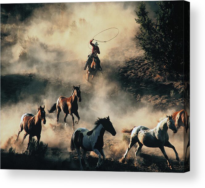 Cowboy Acrylic Print featuring the photograph The Last Roundup, The Los Angeles Times Photo Of The Year Award Winner by Don Schimmel