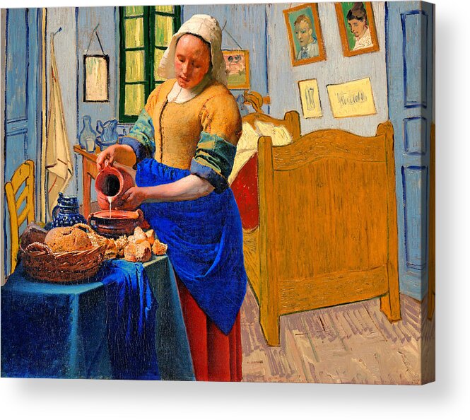 Milkmaid Acrylic Print featuring the digital art The Milkmaid by Johannes Vermeer inside Van Goghs Bedroom in Arles by Nicko Prints