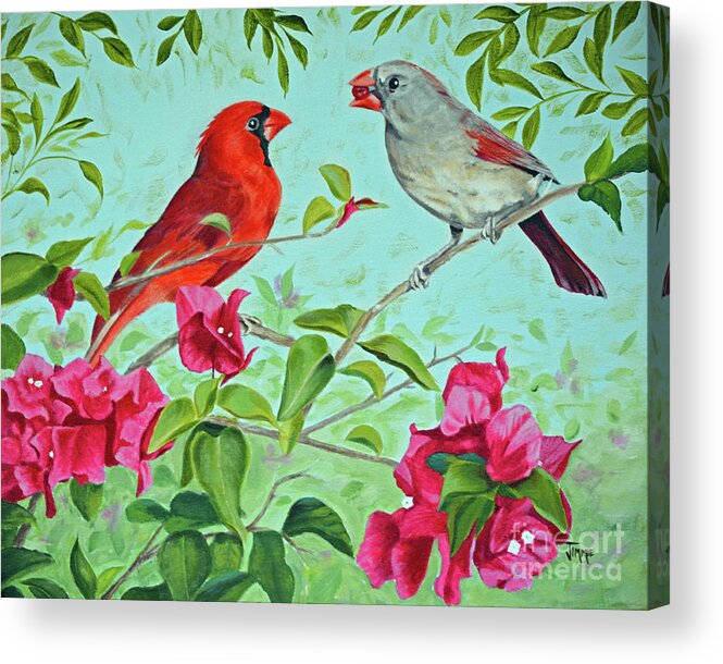 Red Bird Painting Acrylic Print featuring the painting The Redbirds by Jimmie Bartlett