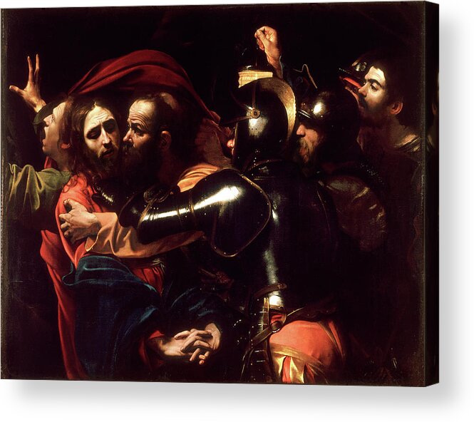 Passion Acrylic Print featuring the painting The Taking of Christ by Michelangelo Merisi da Caravaggio