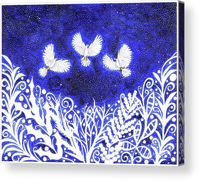 Doves Acrylic Print featuring the painting Three Doves Flying Over the Lace by Lise Winne