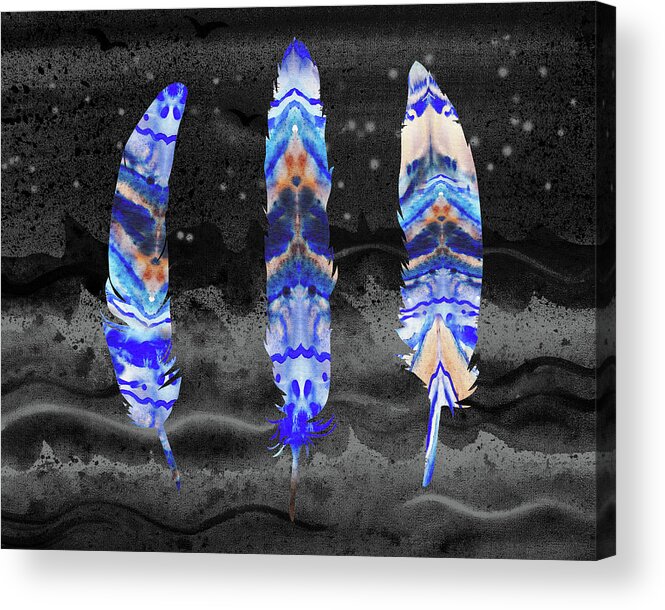 Feather Acrylic Print featuring the painting Three Watercolor Feathers At Night by Irina Sztukowski