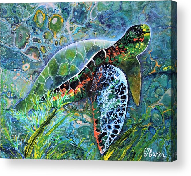 Turtle Wall Art Home Decor Ocean Water Blue Water Abstract Painting Pouring Art Acrylic Painting Gallery Painting On Canvas Art For Sale Acrylic Print featuring the painting Turtle by Tanya Harr