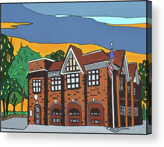 Valley Stream Fire Department Rockaway Ave. Acrylic Print featuring the painting Valley Stream Fire House by Mike Stanko