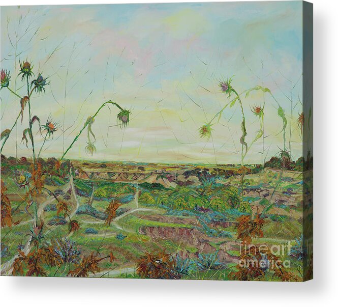 Popular Photo Acrylic Print featuring the painting View from the hill towards Wadi HaBesor by Ofra Wolf