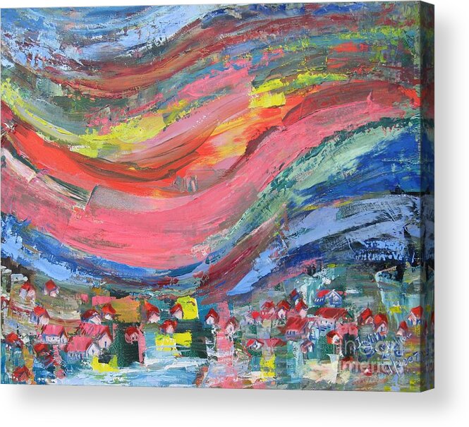 Abstract Landscape Acrylic Print featuring the painting Village Nestled in the Mountain - SOLD by Judith Espinoza