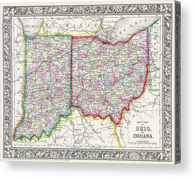 Indiana Acrylic Print featuring the photograph Vintage County Map of Ohio and Indiana 1863 by Carol Japp