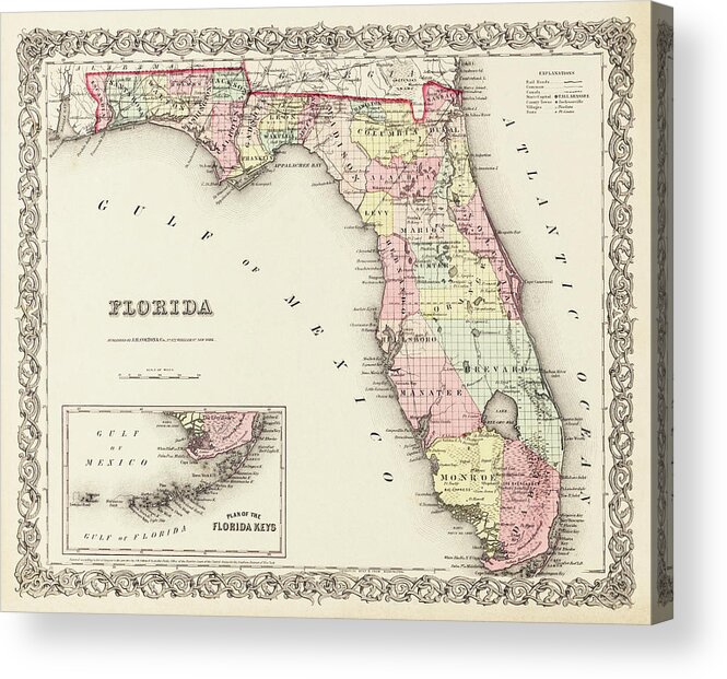 Florida Map Acrylic Print featuring the photograph Vintage Map State of Florida 1856 by Carol Japp