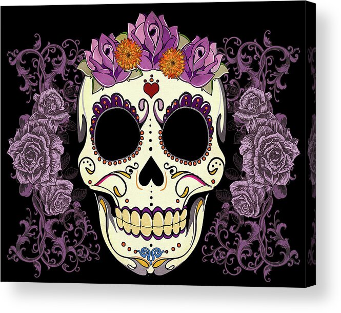 Sugar Skull Acrylic Print featuring the digital art Vintage Sugar Skull and Roses by Tammy Wetzel