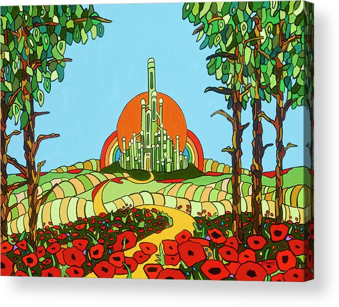 Wizard Of Oz Emerald City Off To See The Wizard Poppies Yellow Brick Road Acrylic Print featuring the painting Visiting Oz by Mike Stanko