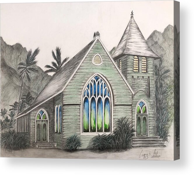 Waioli Huiia Acrylic Print featuring the drawing Waioli Huiia Church by Gregory Lee