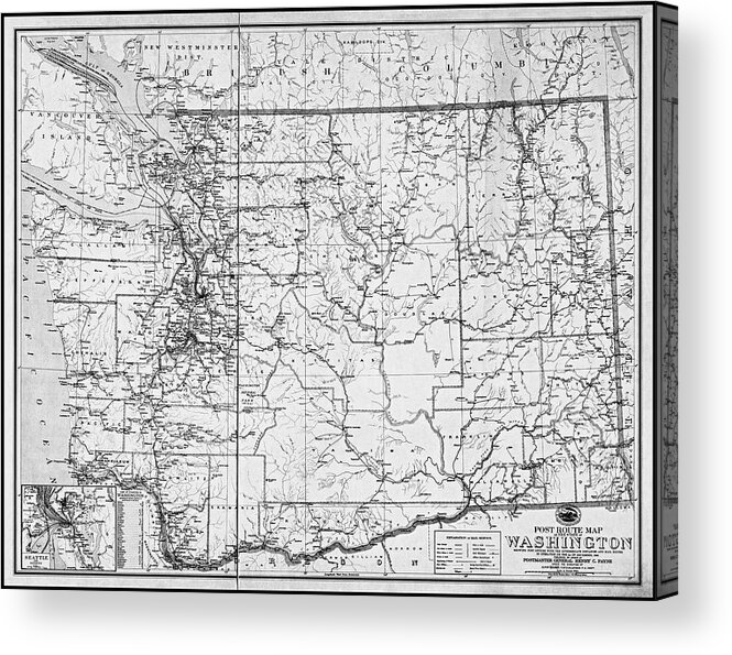 Washington State Acrylic Print featuring the photograph Washington State Vintage Post Route Map 1903 Black and White by Carol Japp