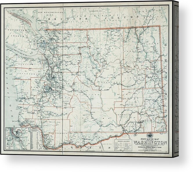 Washington State Acrylic Print featuring the photograph Washington State Vintage Post Route Map 1903 by Carol Japp
