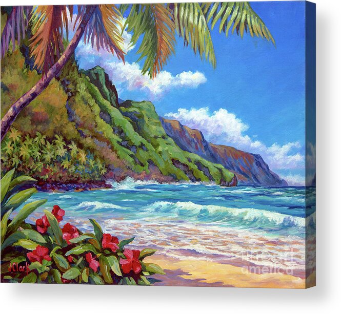 Kauai Acrylic Print featuring the painting Waves on Na Pali Shore by John Clark