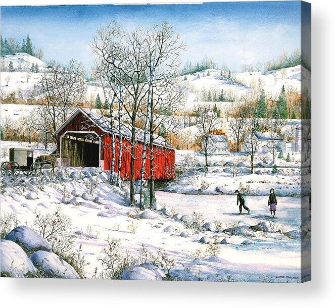 Covered Bridge Acrylic Print featuring the painting Winter Crossing by Diane Phalen