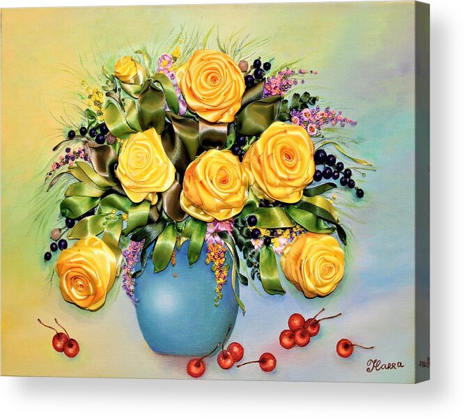 Wall Art Flowers Art Yellow Roses Red Berry Red Cherries Art Yellow Flowers Wall Décor Mixed Media Oil Painting & Ribbon Embroidery On Canvas Acrylic Print featuring the mixed media Yellow Roses by Tanya Harr