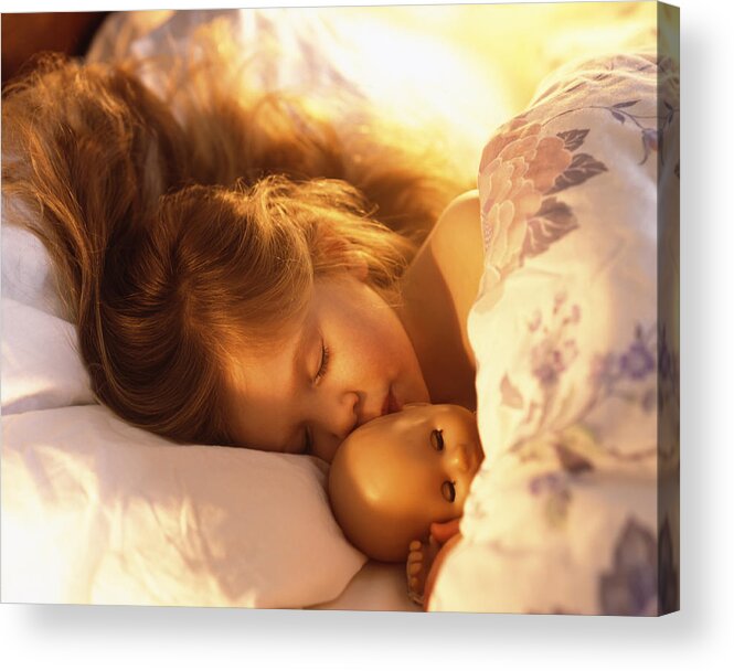 4-5 Years Acrylic Print featuring the photograph Young girl in bed asleep with doll by Peter Cade