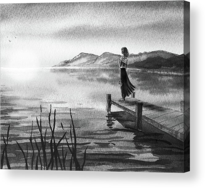 Gray Acrylic Print featuring the painting Young Woman At The Pier Watching Lake Sunset Watercolor In Gray by Irina Sztukowski