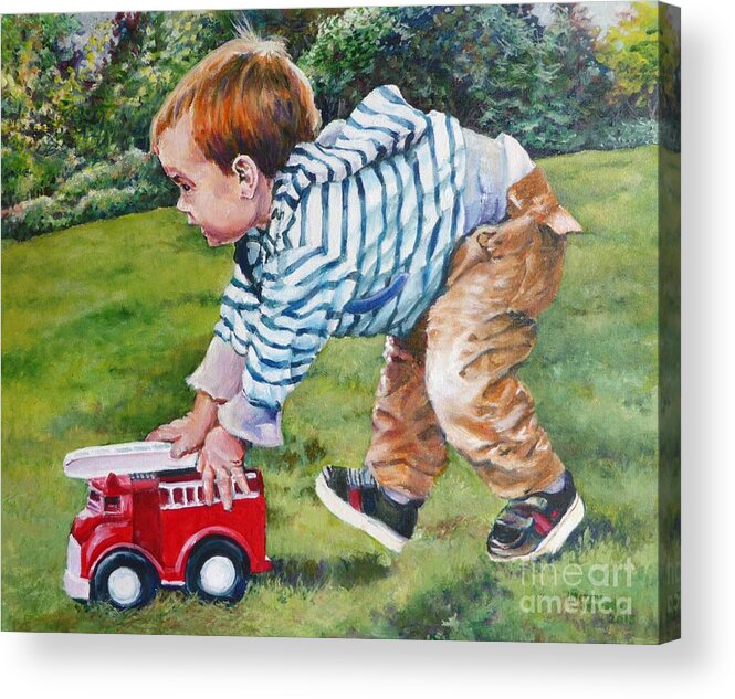 Child Acrylic Print featuring the painting Zoom Zoom...to the Rescue by Merana Cadorette