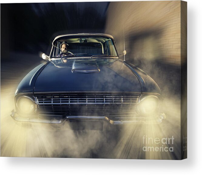 Car Acrylic Print featuring the photograph Detective man driving old classic car at pace #1 by Jorgo Photography