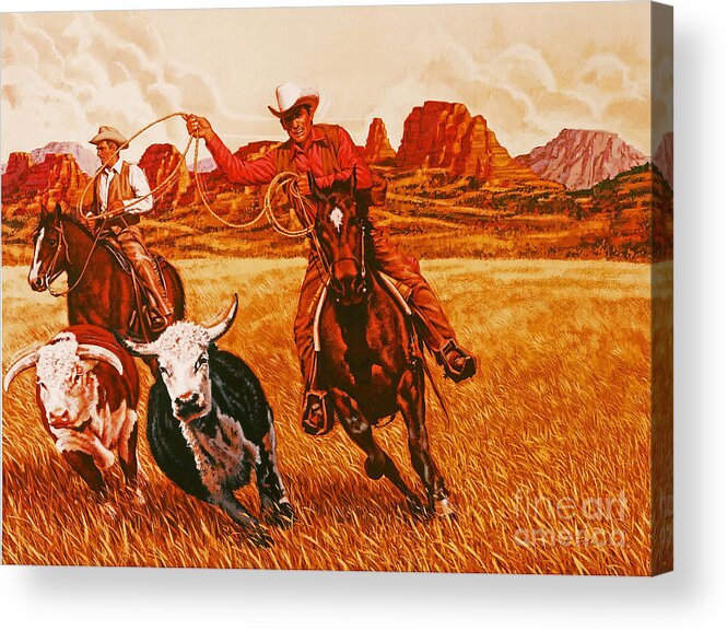 Animals Acrylic Print featuring the painting The Wranglers by Dick Bobnick