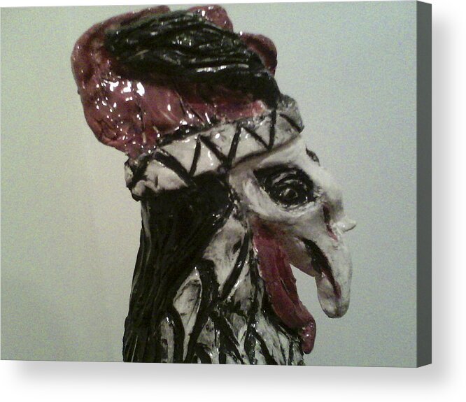 Ceramic Rooster Acrylic Print featuring the sculpture Warrior Rooster by Suzanne Berthier