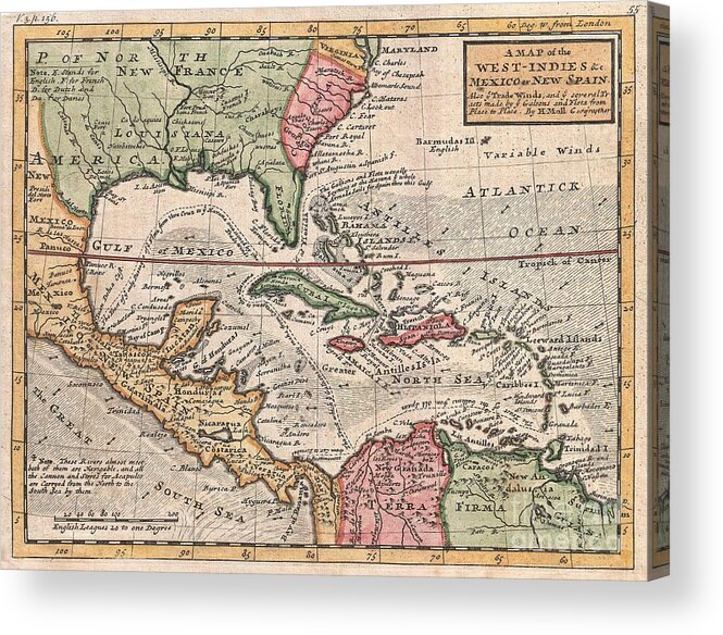  This Is Herman Molls Small But Significant C. 1732 Map Of The West Indies. Moll’s Map Covers All Of The West Indies Acrylic Print featuring the photograph 1732 Herman Moll Map of the West Indies and Caribbean by Paul Fearn