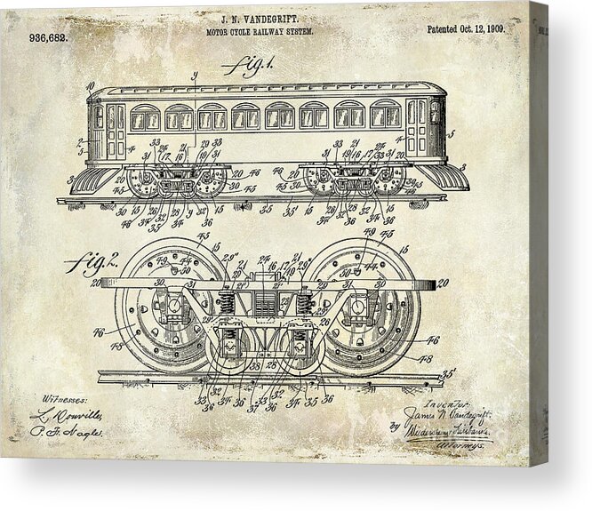 Railroad Acrylic Print featuring the photograph 1909 Railway System Patent Drawing by Jon Neidert